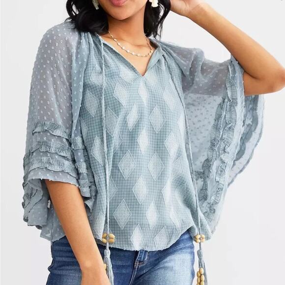 Miss Me Top Women's Size Small Swiss Dot Chiffon Batwing Sleeve Boho Blue - Picture 1 of 16